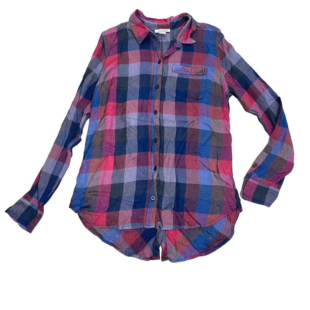 Lucky Brand Flannel Top Women's Size‎ Small Plaid Button Front High Low Hem